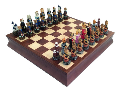 Cats vs Dogs Hand-Painted Chess Set, Walnut Board & Box, Made in Italy