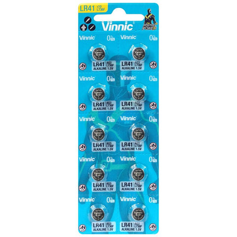 A pack of 10 Vinnic Alkaline Batteries L736 G3 LR41 1.5V displayed on a blue background.