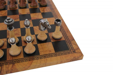 Italfama Chess Set, Metal & Wood Weighted Pieces, Faux Leather Board Antique Map