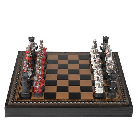 Italfama Crusaders Hand-Painted 3-in-1 Chess Set, Resin, Faux Leather Board