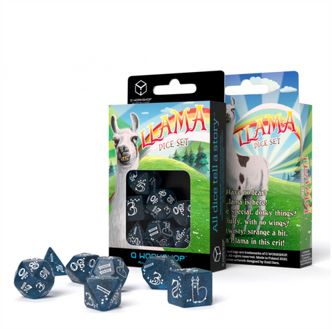 Q-Workshop Llama Dark Blue White Glitter 7 Dice Set for RPG Tabletop Games
