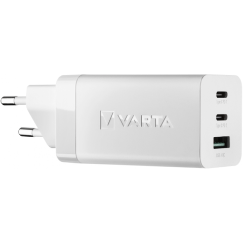 VARTA 65W GaN USB-C Wall Charger, 2x USB-C PD + USB-A QC Fast Charge