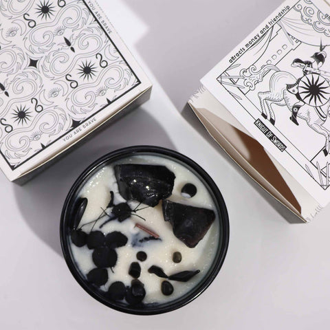 Knight of Swords Cedarwood Patchouli Crystal Candle Black Obsidian 22hr