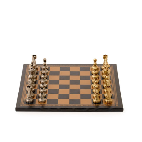 Italfama Italian Metal Chess Set Gold Silver Pieces Black Leather Board
