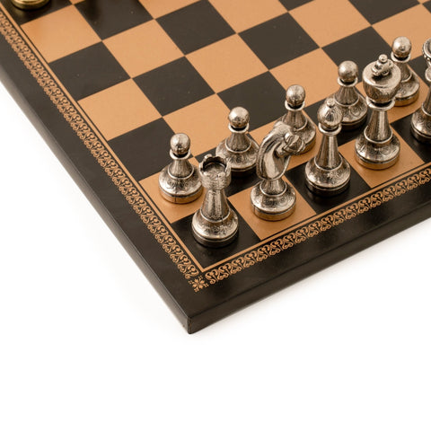 Italfama Italian Metal Chess Set Gold Silver Pieces Black Leather Board