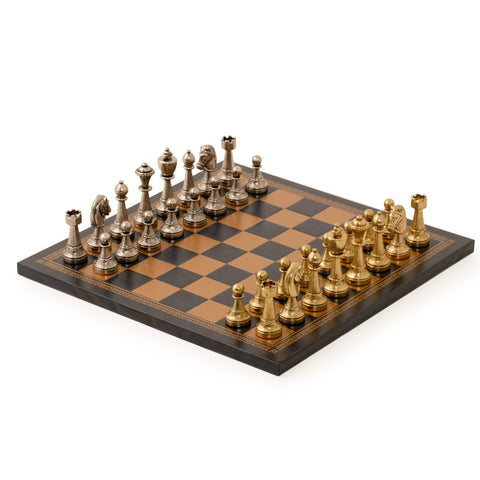Italfama Italian Metal Chess Set Gold Silver Pieces Black Leather Board
