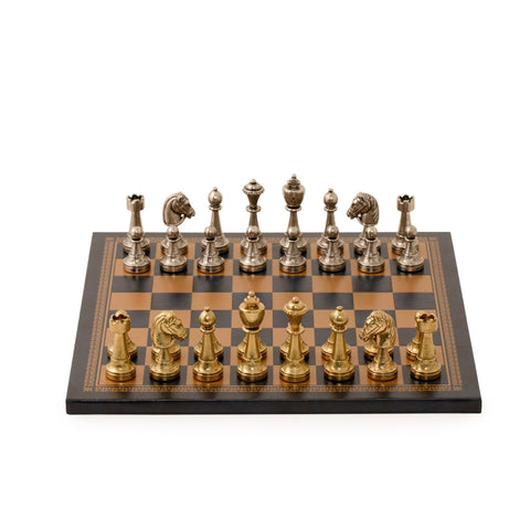 Italfama Italian Metal Chess Set Gold Silver Pieces Black Leather Board