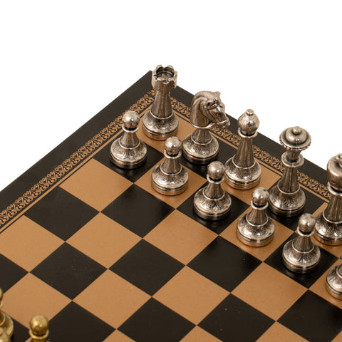 Italfama Italian Metal Chess Set Gold Silver Pieces Black Leather Board