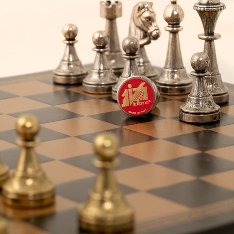Italfama Italian Metal Chess Set Gold Silver Pieces Black Leather Board