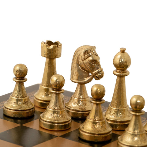 Italfama Italian Metal Chess Set Gold Silver Pieces Black Leather Board