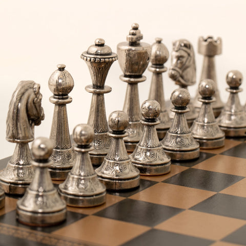 Italfama Italian Metal Chess Set Gold Silver Pieces Black Leather Board