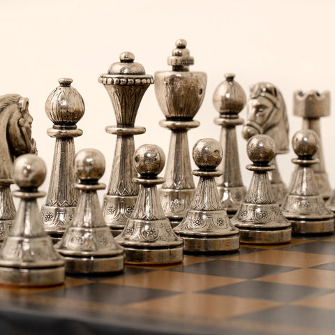 Italfama Italian Metal Chess Set Gold Silver Pieces Black Leather Board