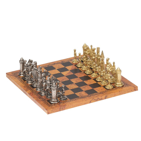 Italfama Metal Camelot Chess Set with Antique Map Board, Made in Italy