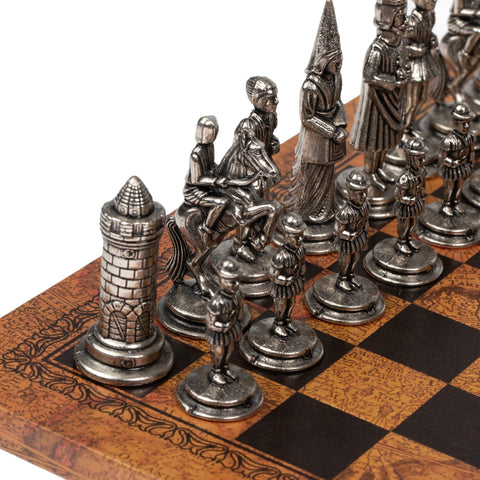 Italfama Metal Camelot Chess Set with Antique Map Board, Made in Italy