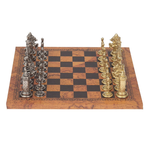 Italfama Metal Camelot Chess Set with Antique Map Board, Made in Italy