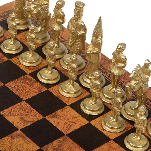 Italfama Metal Camelot Chess Set with Antique Map Board, Made in Italy