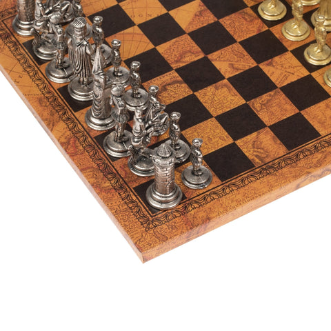 Italfama Metal Camelot Chess Set with Antique Map Board, Made in Italy