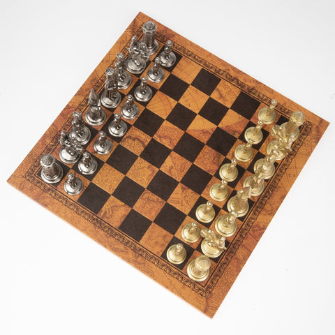 Italfama Metal Camelot Chess Set with Antique Map Board, Made in Italy