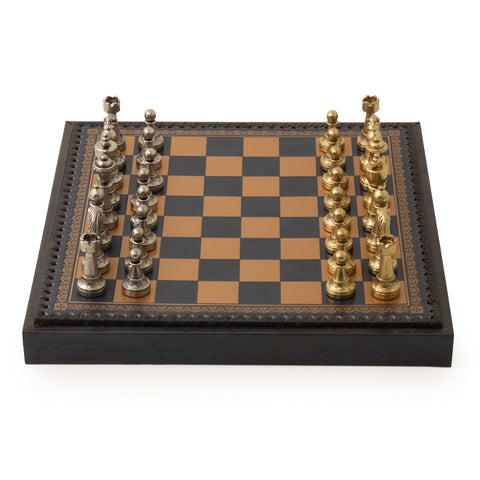 Italfama Metal Chess & Checkers Set with Blue Leatherette Board 35cm