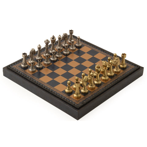 Italfama Metal Chess & Checkers Set with Blue Leatherette Board 35cm