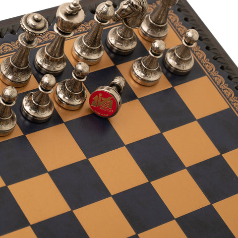 Italfama Metal Chess & Checkers Set with Blue Leatherette Board 35cm