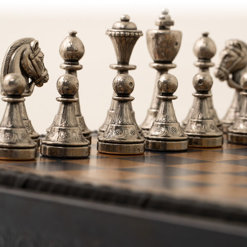 Italfama Metal Chess & Checkers Set with Blue Leatherette Board 35cm