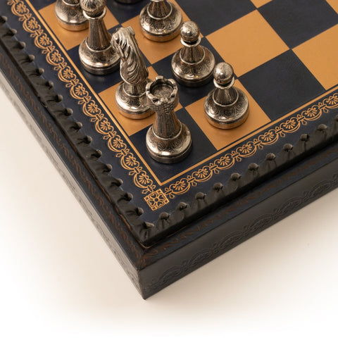 Italfama Metal Chess & Checkers Set with Blue Leatherette Board 35cm