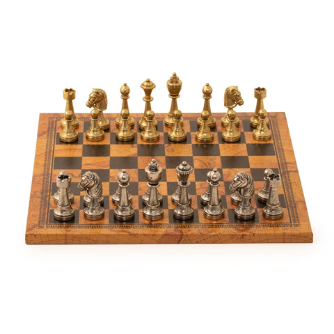 Italfama Metal Chess Set Gold Silver Pieces & Faux Leather Vintage Map Board