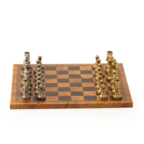 Italfama Metal Chess Set Gold Silver Pieces & Faux Leather Vintage Map Board