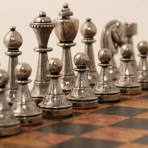 Italfama Metal Chess Set Gold Silver Pieces & Faux Leather Vintage Map Board