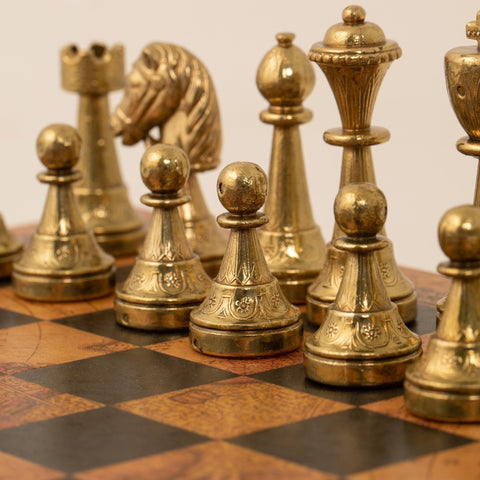 Italfama Metal Chess Set Gold Silver Pieces & Faux Leather Vintage Map Board