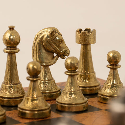 Italfama Metal Chess Set Gold Silver Pieces & Faux Leather Vintage Map Board