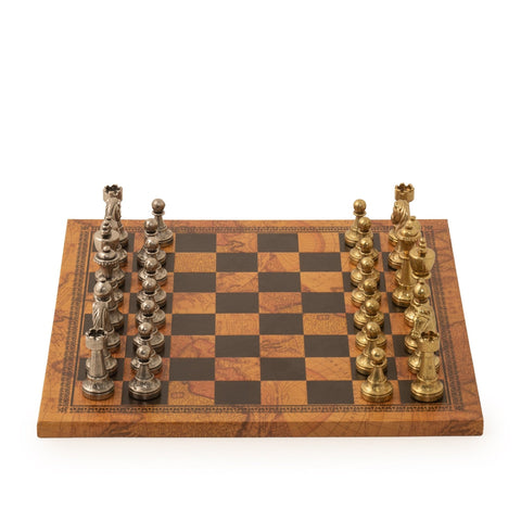 Italfama Metal Chess Set Gold Silver Pieces & Faux Leather Vintage Map Board