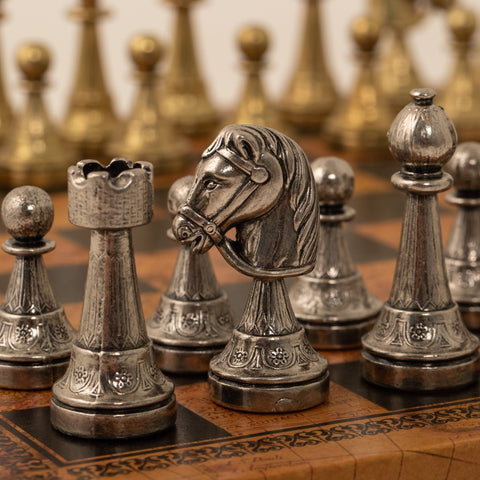 Italfama Metal Chess Set Gold Silver Pieces & Faux Leather Vintage Map Board
