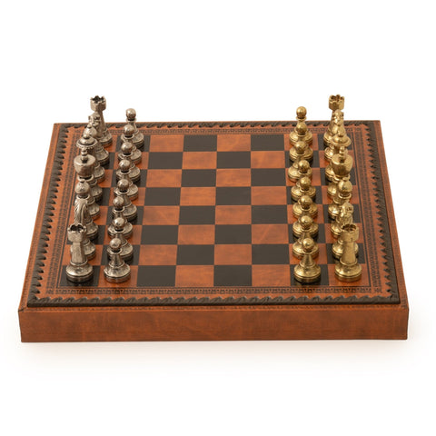 Italfama Metal Chess Checkers Backgammon Set with Luxury Faux Leather Board