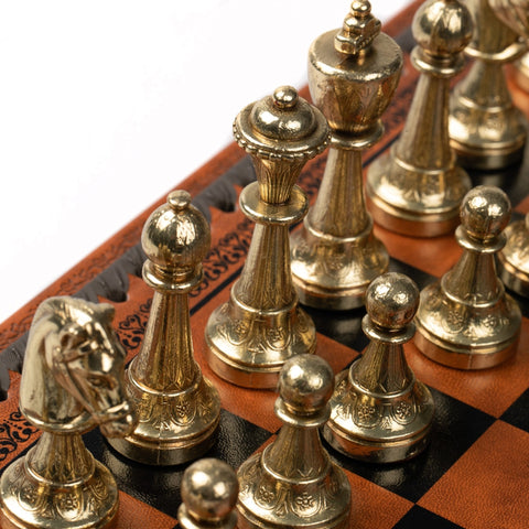 Italfama Metal Chess Checkers Backgammon Set with Luxury Faux Leather Board