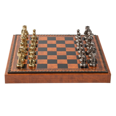 Italfama Metal Chess Checkers Backgammon Set with Luxury Faux Leather Board