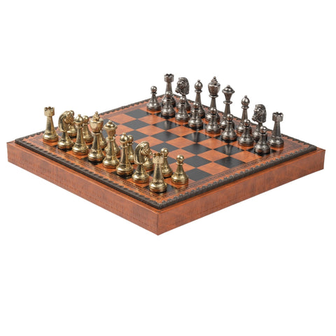 Italfama Metal Chess Checkers Backgammon Set with Luxury Faux Leather Board
