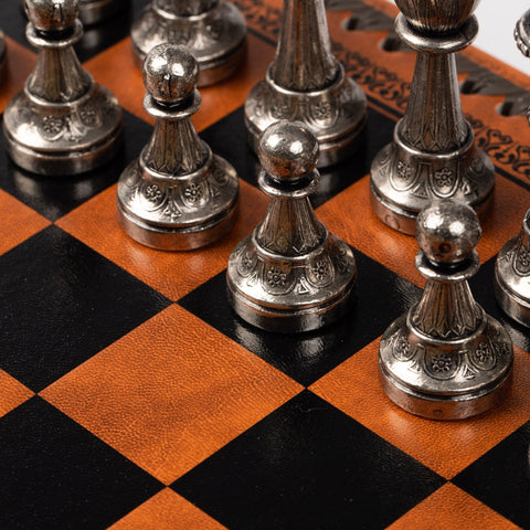 Italfama Metal Chess Checkers Backgammon Set with Luxury Faux Leather Board