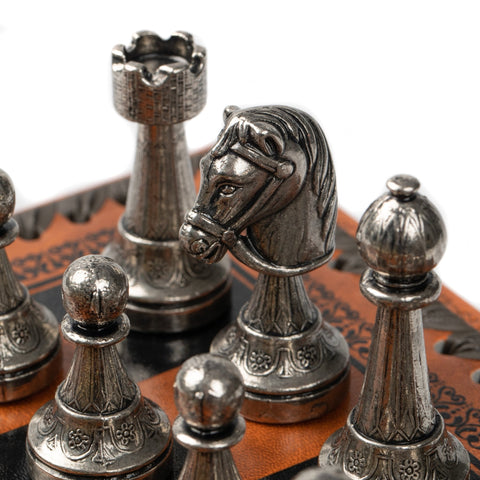 Italfama Metal Chess Checkers Backgammon Set with Luxury Faux Leather Board
