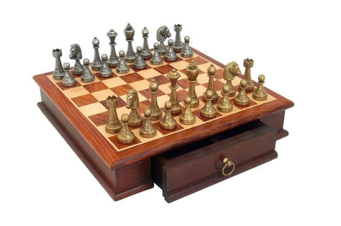 Italfama Metal Chess Set Mahogany Board with Storage Drawer Made in Italy