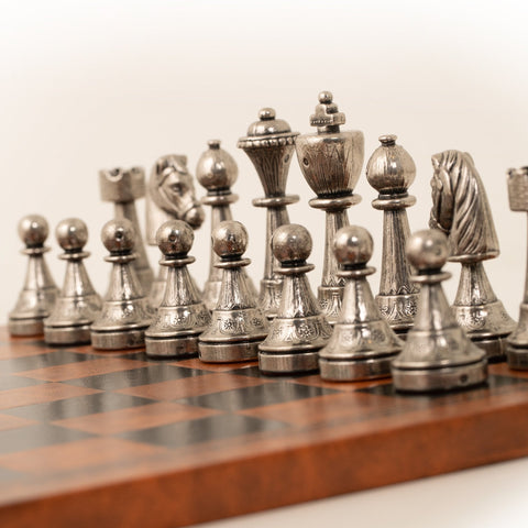 Italfama Luxury Metal Chess Set Brown Black Leather Board Handmade
