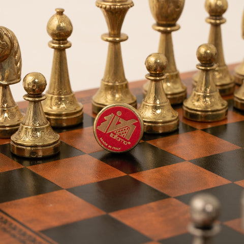 Italfama Luxury Metal Chess Set Brown Black Leather Board Handmade