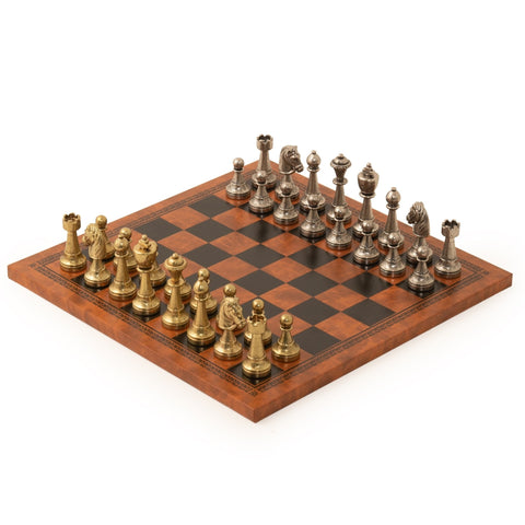 Italfama Luxury Metal Chess Set Brown Black Leather Board Handmade