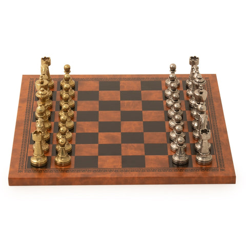 Italfama Luxury Metal Chess Set Brown Black Leather Board Handmade