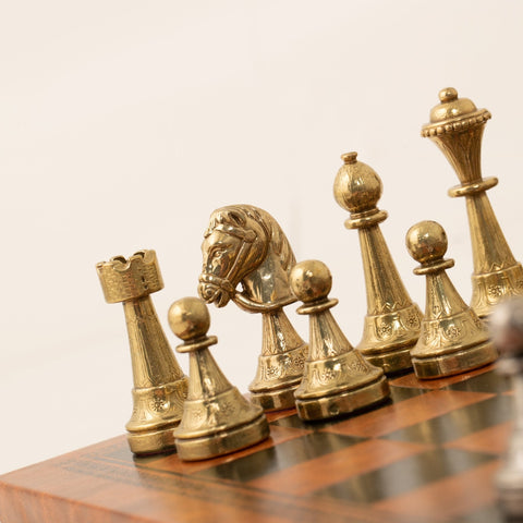 Italfama Luxury Metal Chess Set Brown Black Leather Board Handmade