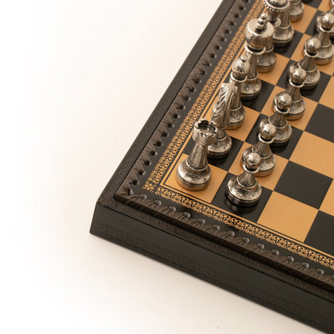 Italfama 3-in-1 Metal Chess Set Faux Leather Board Checkers Backgammon