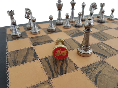 Italfama Metal Chess Set with Handmade Genuine Leather Board, 42cm