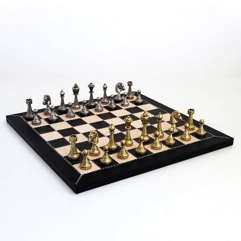 Italfama Metal Chess Set with Handmade Genuine Leather Board, 42cm
