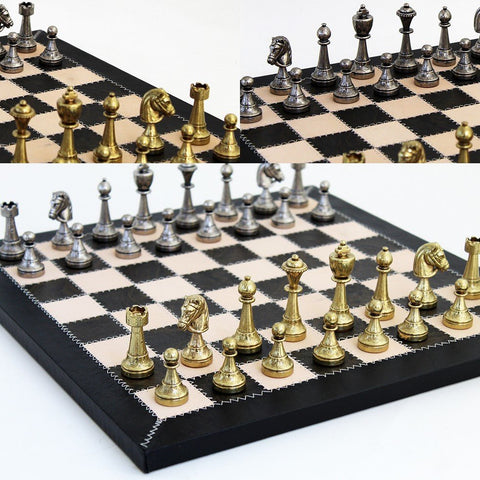 Italfama Metal Chess Set with Handmade Genuine Leather Board, 42cm